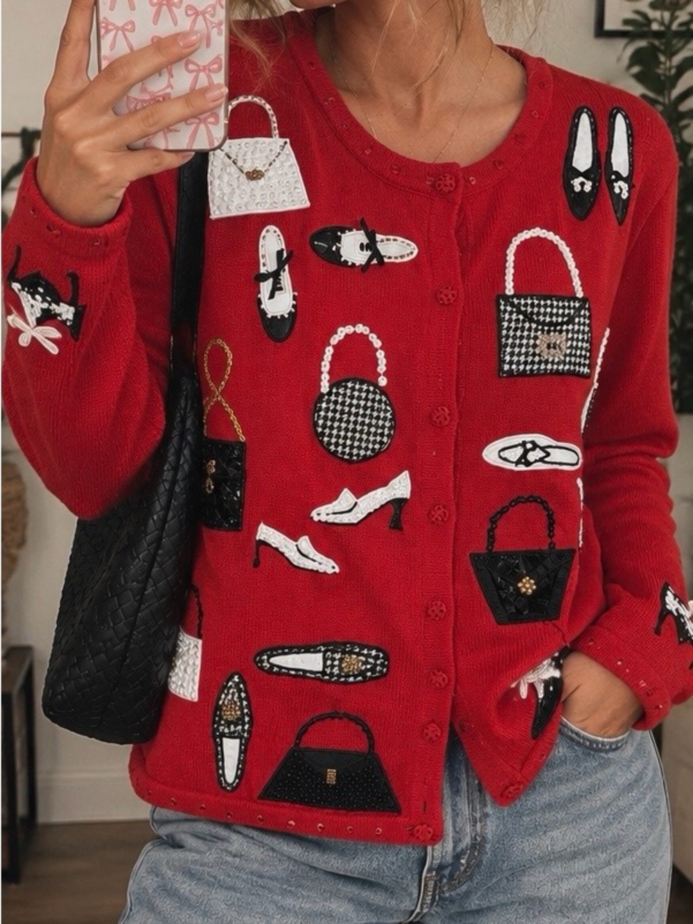 Vintage beaded JACK B QUICK red cardigan sweater size L